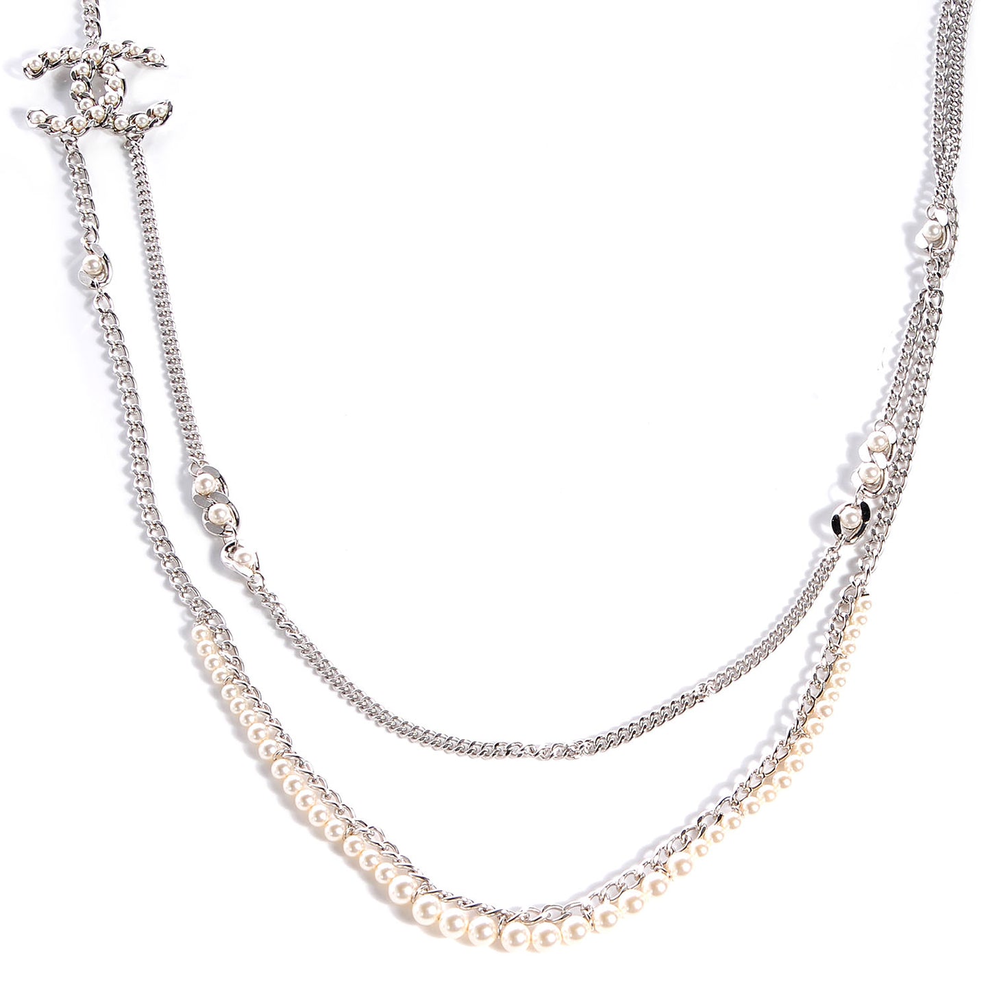 Pearl CC Long Chain Necklace Silver
