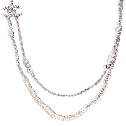 Chanel Pearl CC Long Chain Necklace Silver 1 of 6