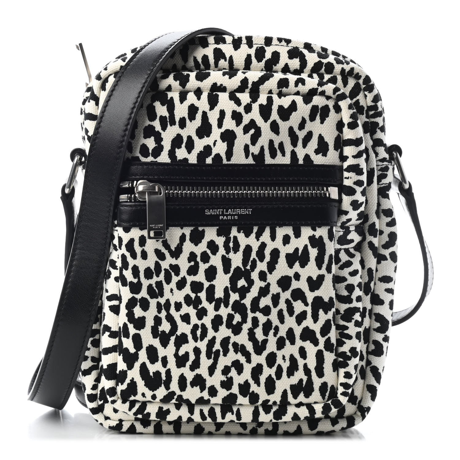 Saint Laurent Canvas Leopard Print Sid Messenger Bag Black White 1 of 8