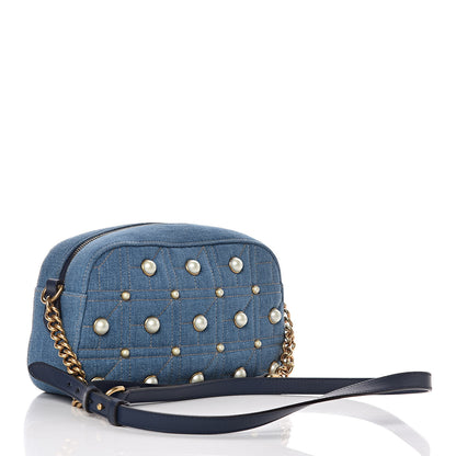 Gucci Denim Matelasse Pearl Studded Small GG Marmont Chain Shoulder Bag Blue 3 of 12