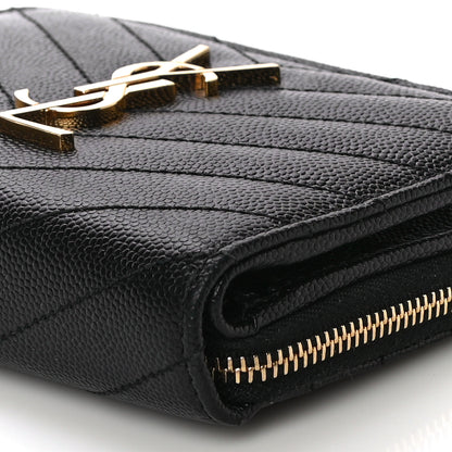 Saint Laurent Grain De Poudre Matelasse Chevron Monogram Compact Zip Around Wallet Black 10 of 11