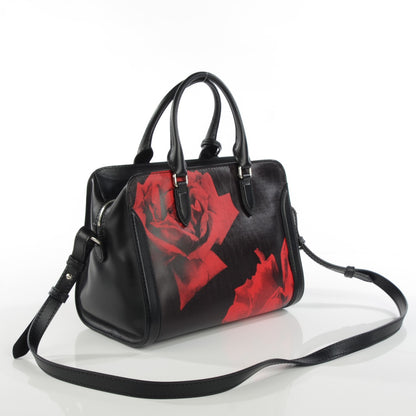 Alexander McQueen Smooth Calfskin Small Rose Skull Padlock Zip Around Tote Black Red 3 of 7
