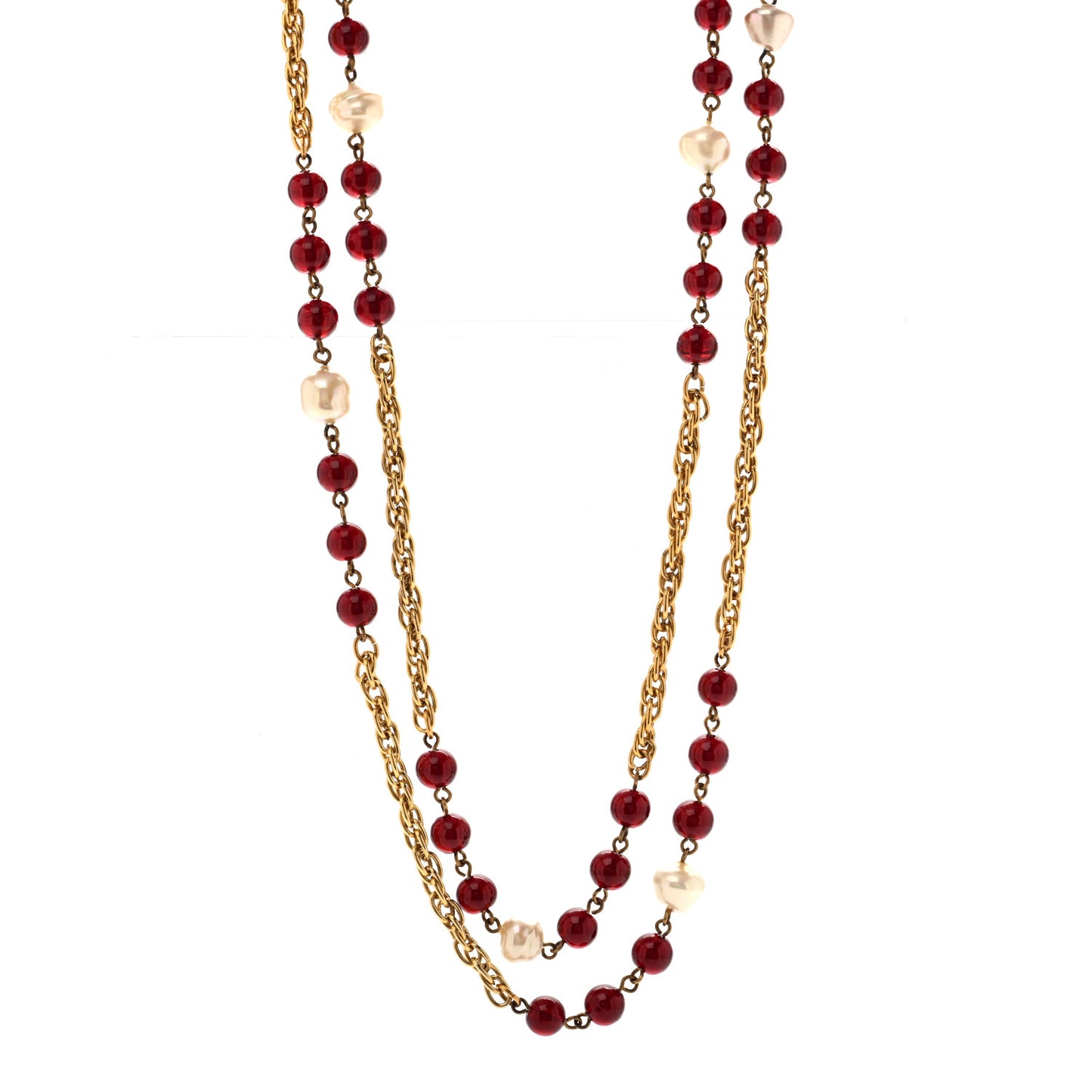 Beaded Pearl CC Long Strand Necklace Gold Red