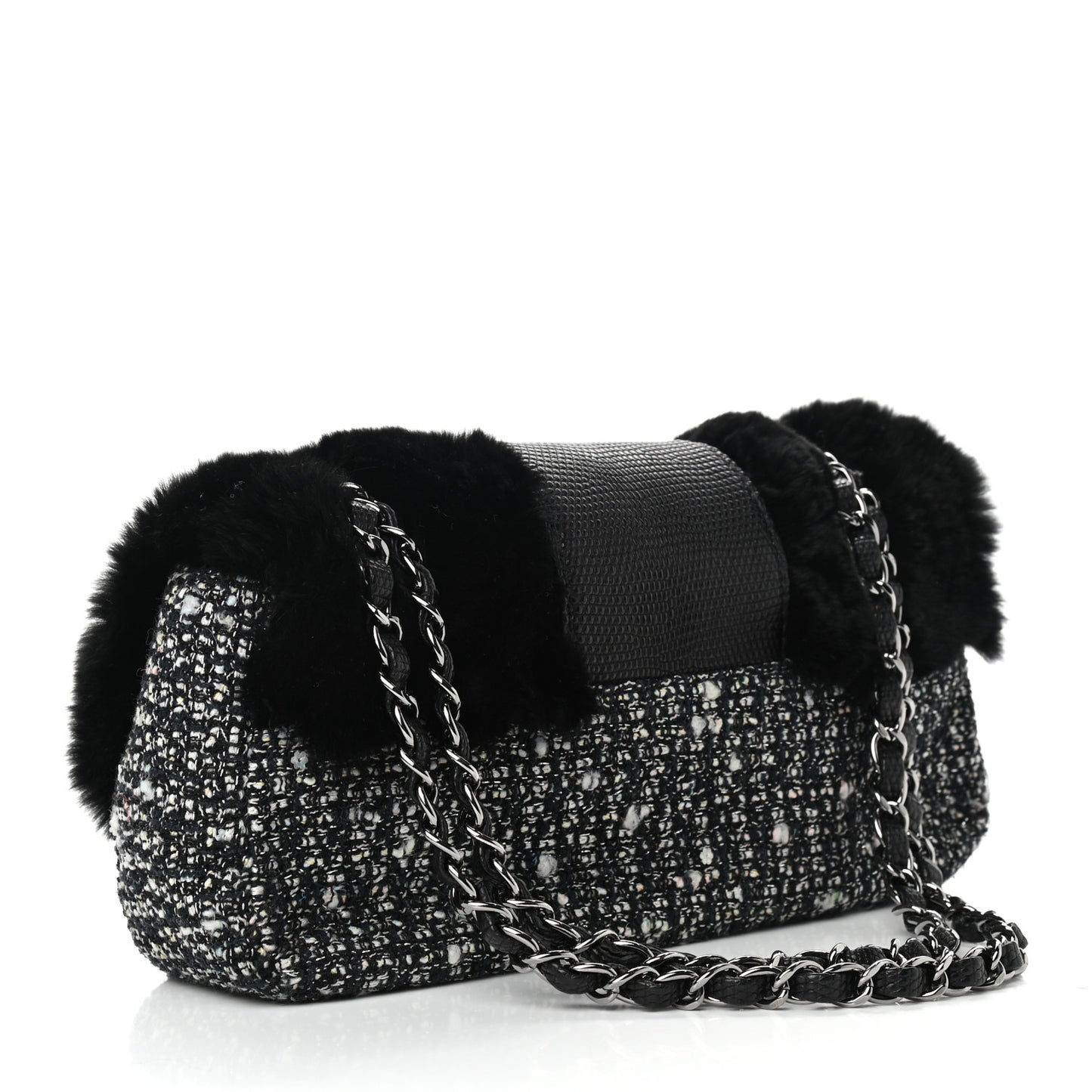 Rabbit Fur Tweed Lizard Small Fantasy Flap Black White