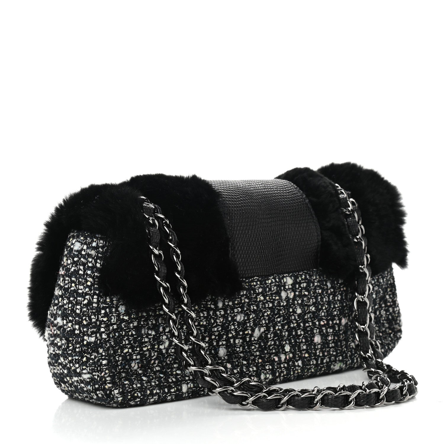 Chanel Rabbit Fur Tweed Lizard Small Fantasy Flap Black White 3 of 9