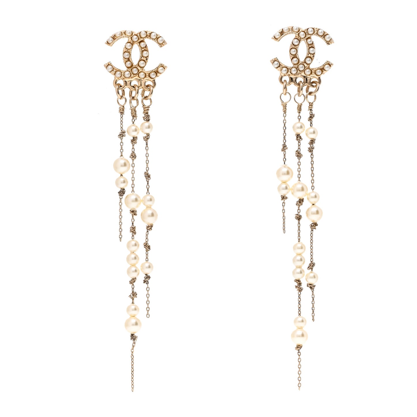 Pearl CC Long Chain Drop Earrings Gold
