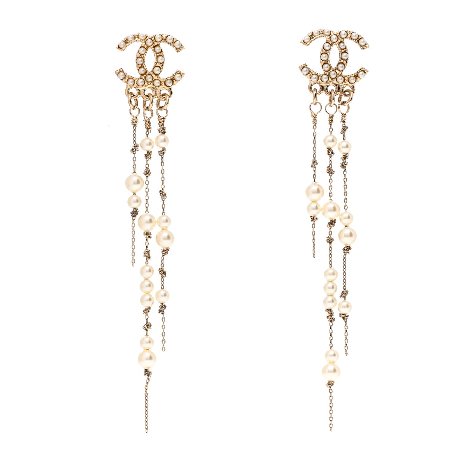 Chanel Pearl CC Long Chain Drop Earrings Gold 1 of 4