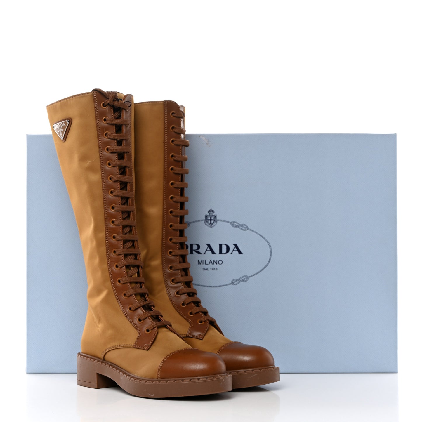 Re-Nylon Spazzolato Rois Metal Triangle Logo Tall 50mm Combat Boots 36 Tobacco Brown