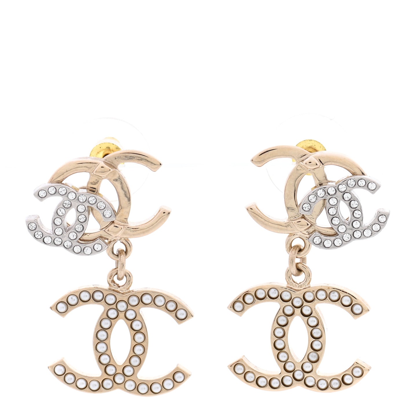 Crystal Pearl Double CC Drop Earrings Gold Silver