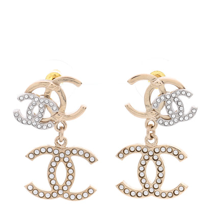 Chanel Crystal Pearl Double CC Drop Earrings Gold Silver 1 of 5