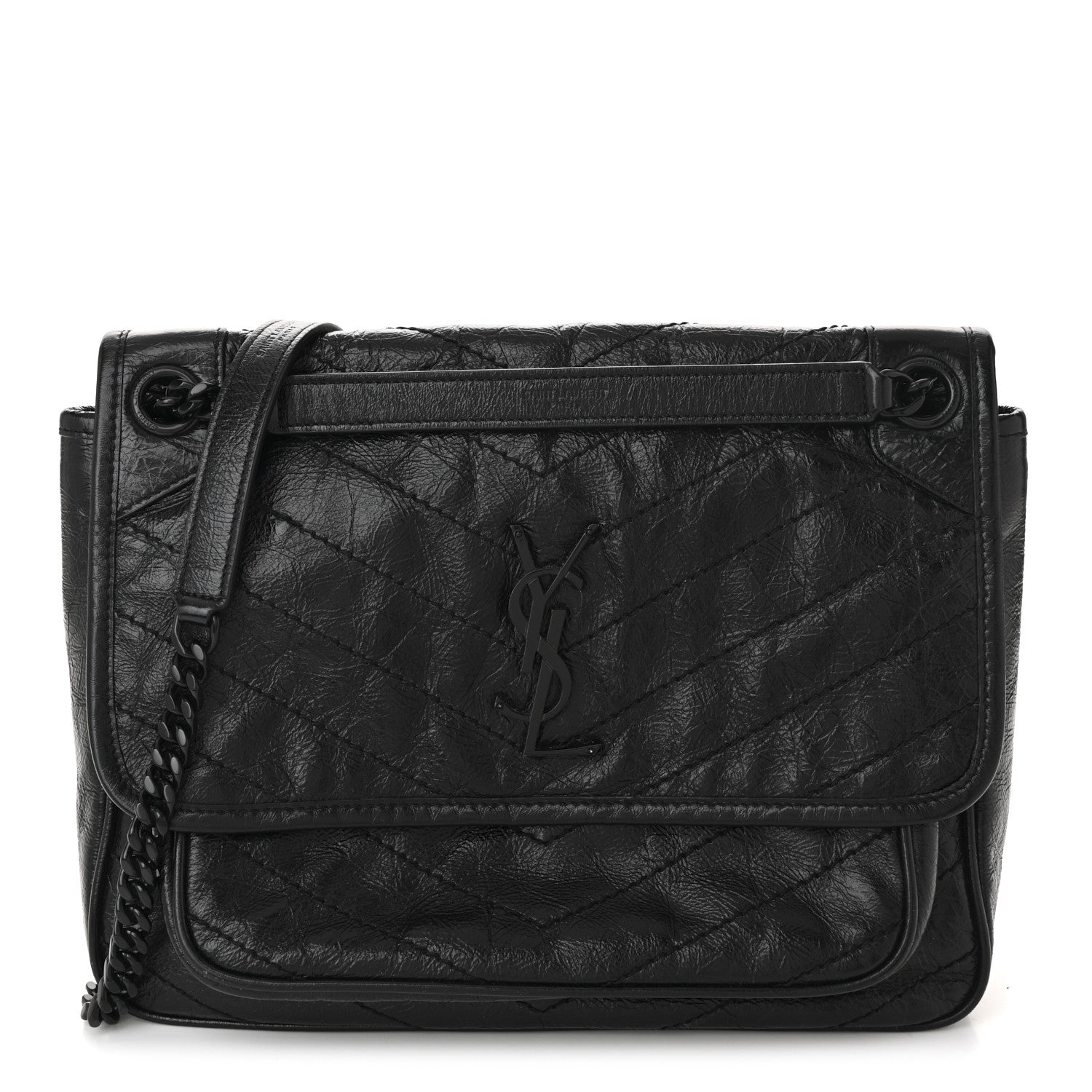 Saint Laurent Crinkled Calfskin Matelasse Monogram Medium Niki Chain Satchel Black 2 of 19