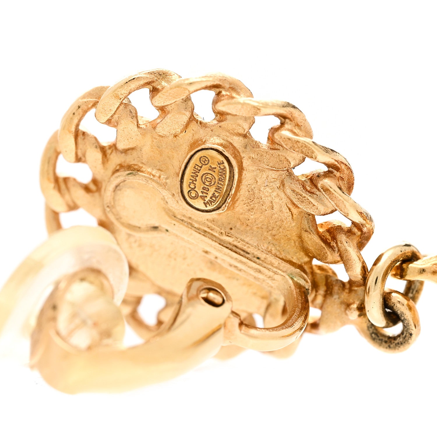 Chanel Metal Pearl Gripoix CC Asymmetrical Chain Drop Clip On Earrings Gold 4 of 4