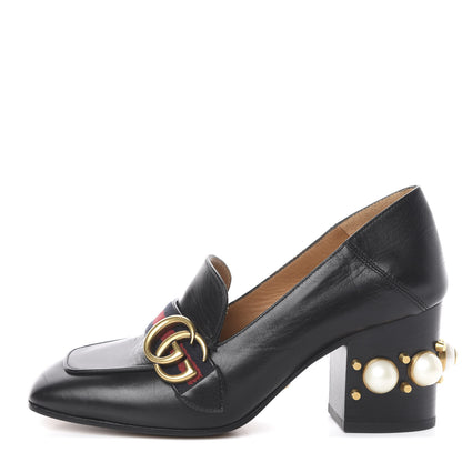 Gucci Malaga Kid Web Pearl Embellished Peyton 75mm Loafer Pumps 36.5 Black 1 of 12