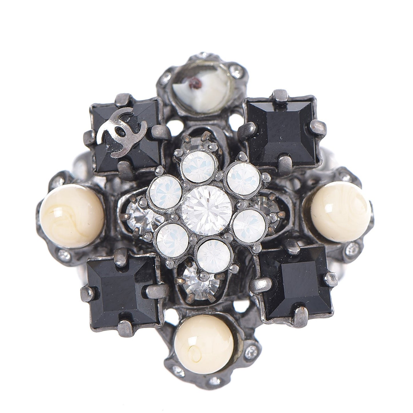Baguette Crystal Beaded CC Ring Black Silver