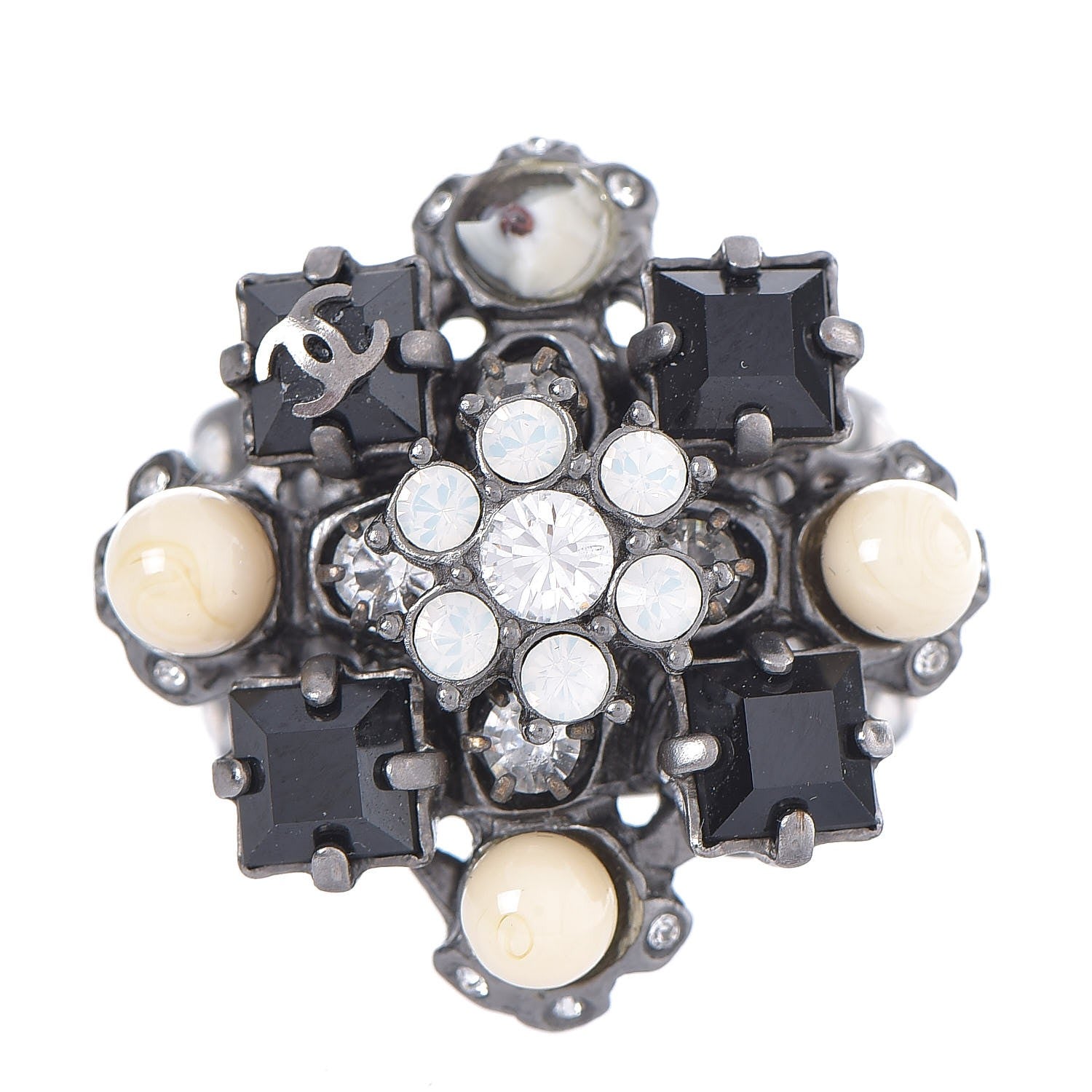 Chanel Baguette Crystal Beaded CC Ring Black Silver 1 of 6