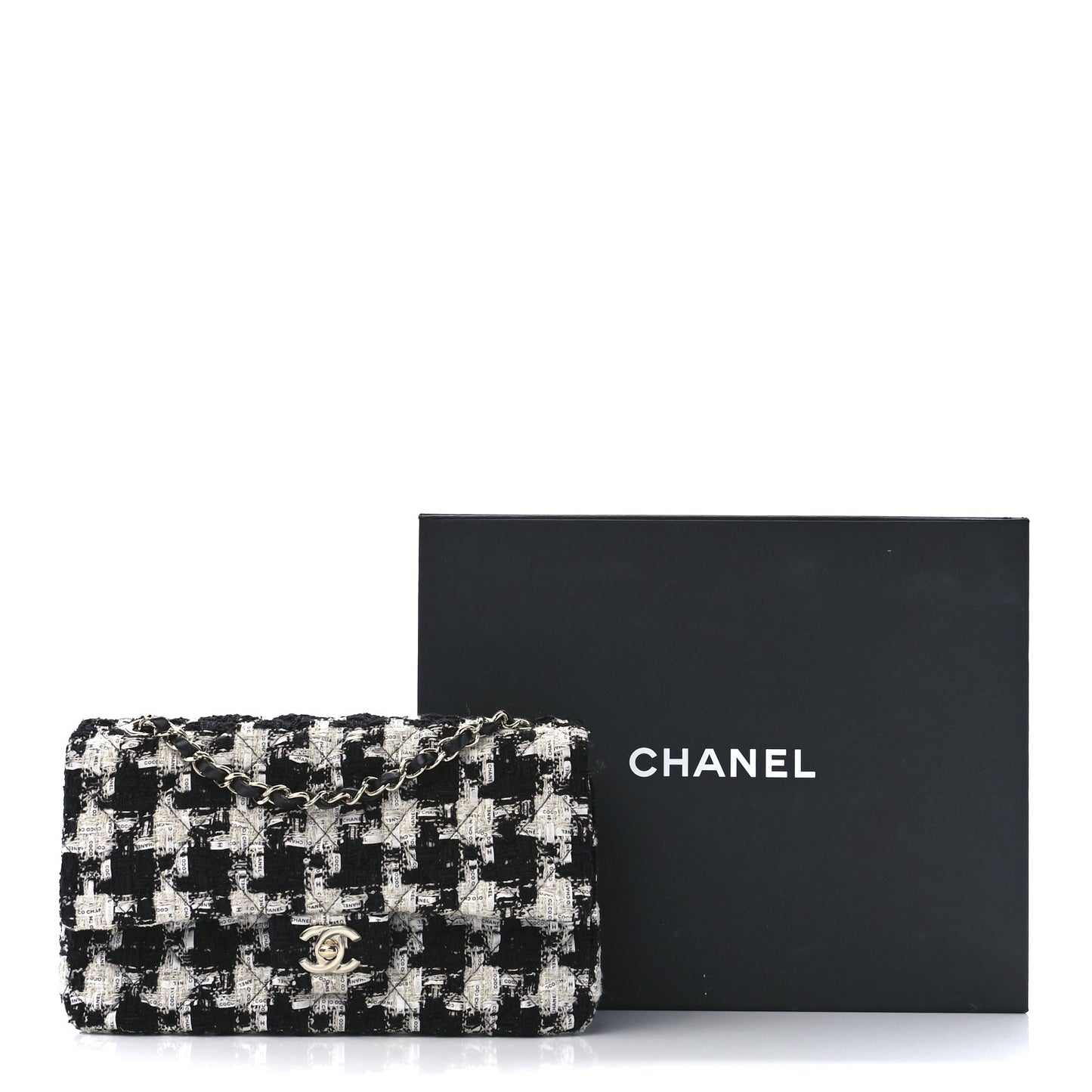Tweed Quilted Medium Double Flap Black Ecru White