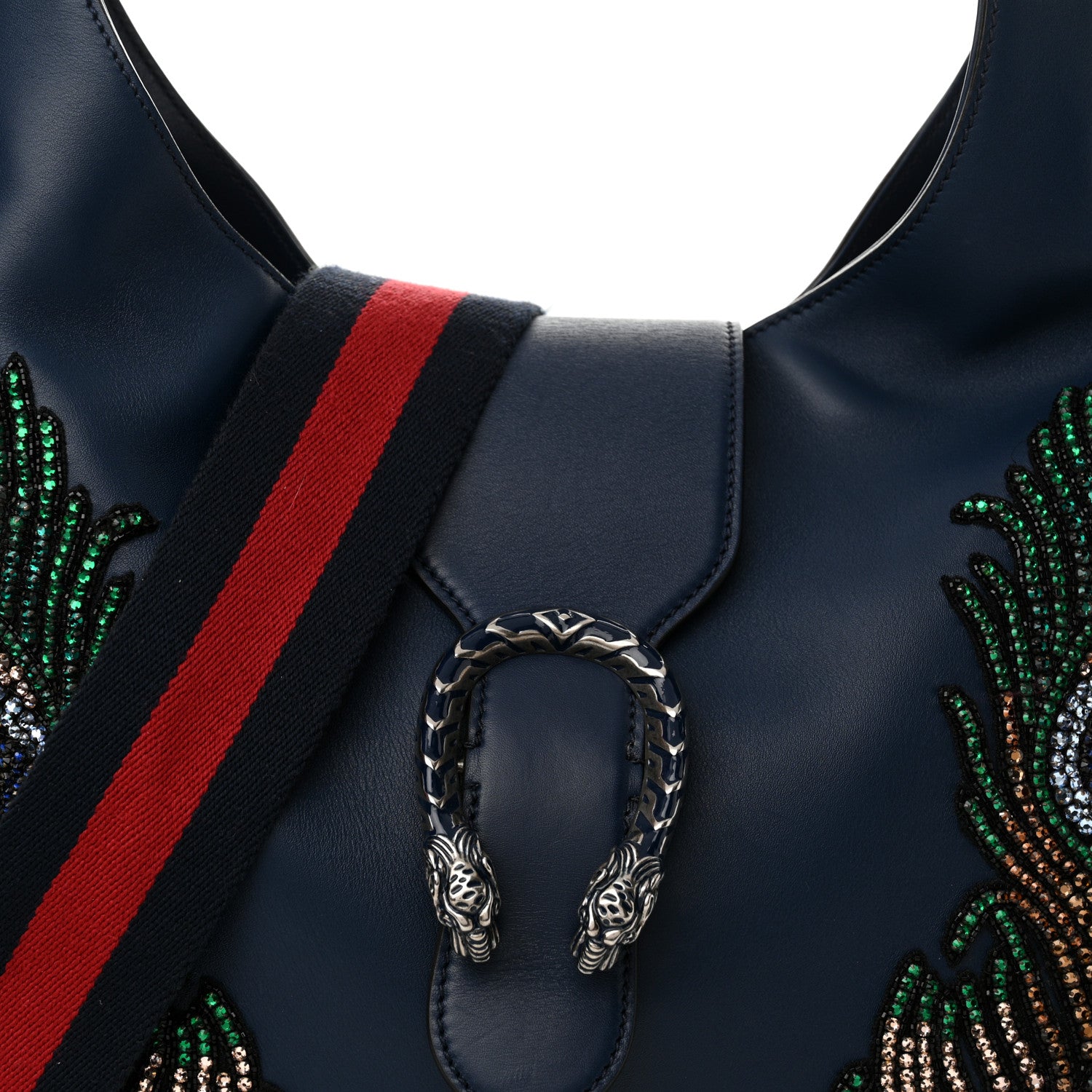 Gucci Calfskin Crystal Feather Embroidered Large Dionysus Hobo Dark Blue 8 of 14