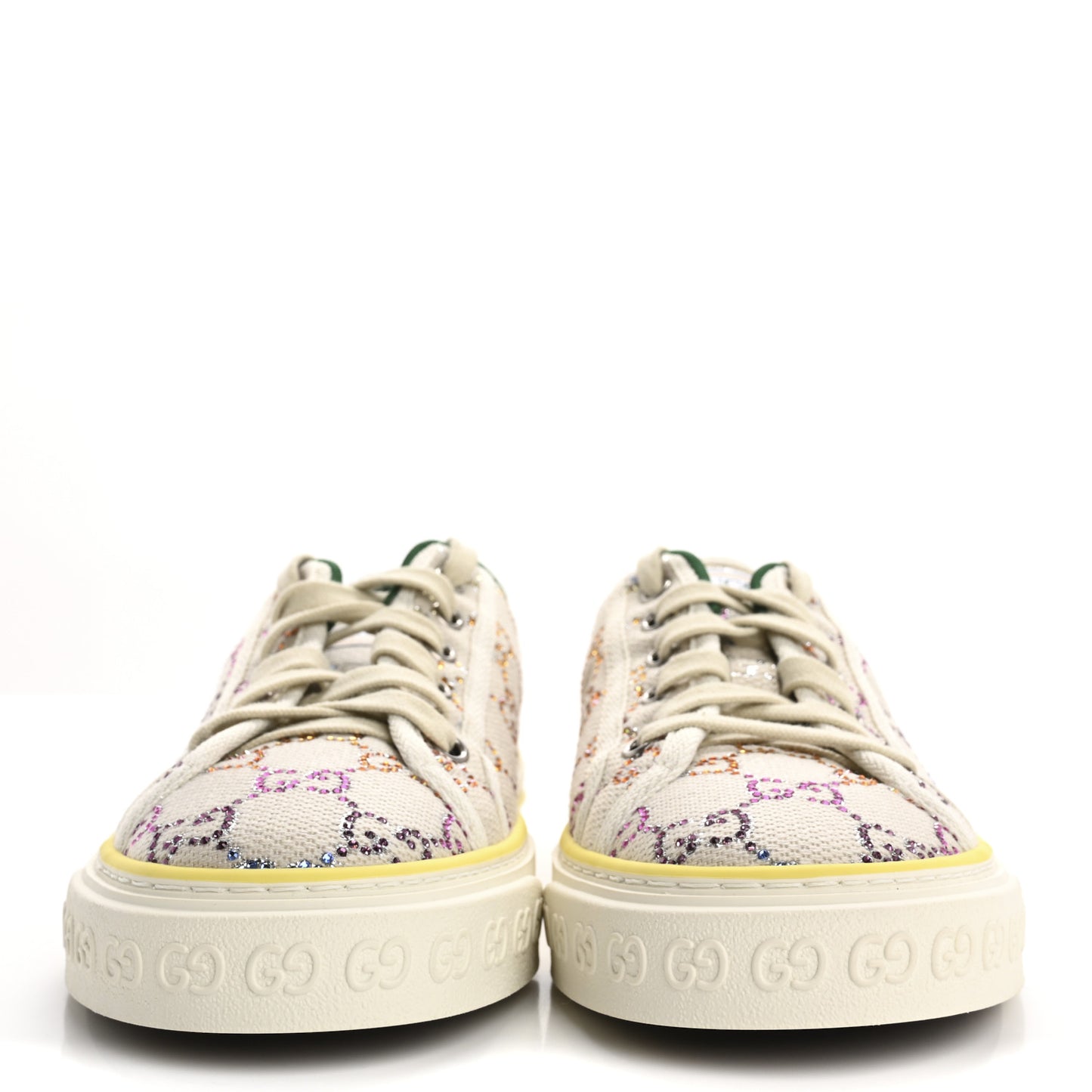 Canvas Lame Crystal GG Monogram Womens 1977 Tennis Sneakers 40 Gardenia Silver Mystic White