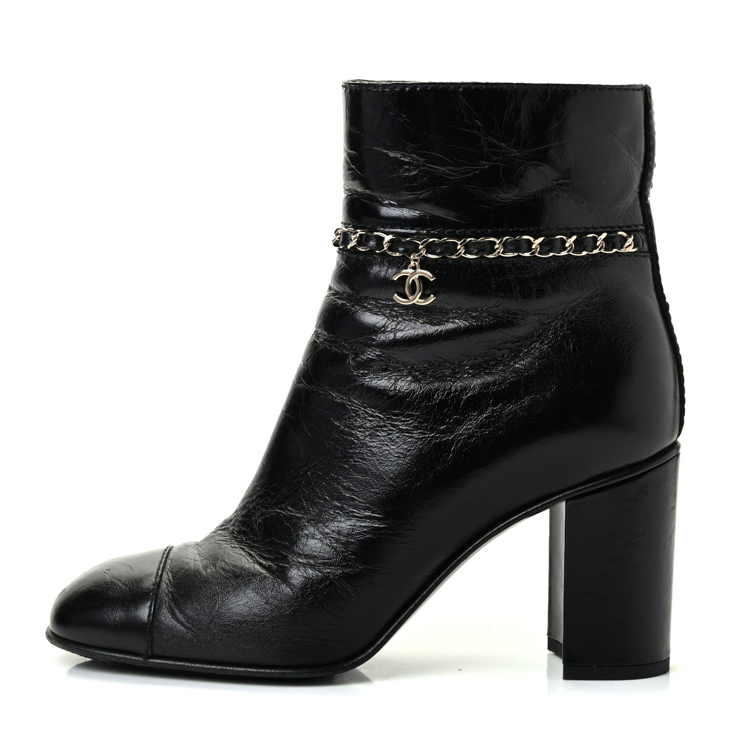 Chanel Crumpled Calfskin Cap Toe Chain Short Boots 38.5 Black 1 of 8