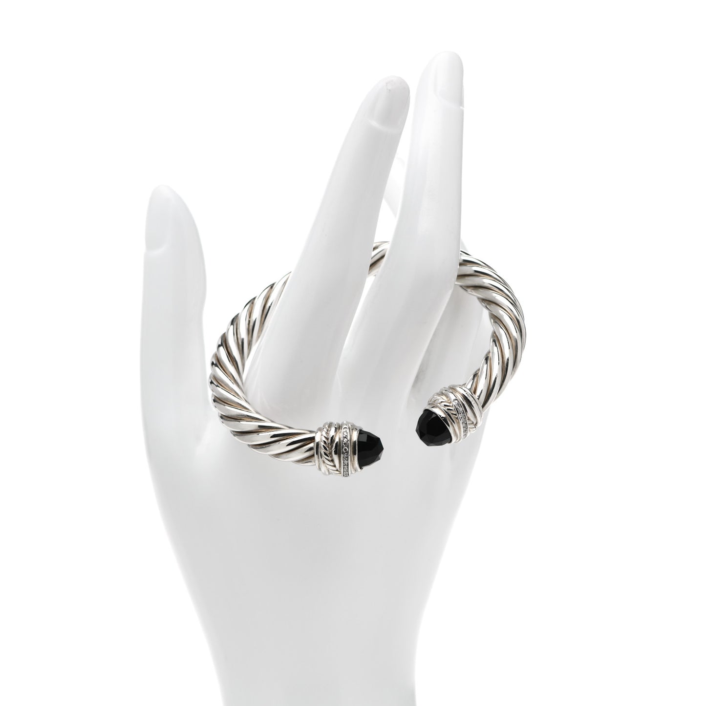 Sterling Silver Diamond Black Onyx 8.5mm Crossover Hinge Bracelet