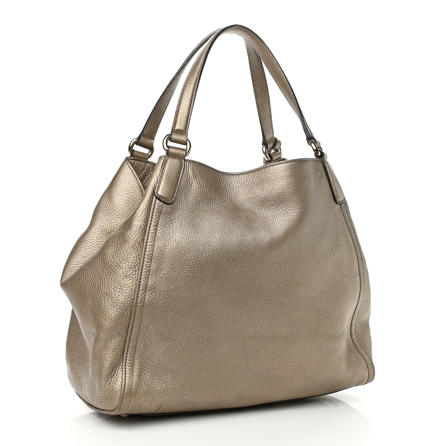 Metallic Pebbled Calfskin Medium Soho Shoulder Bag Golden Beige