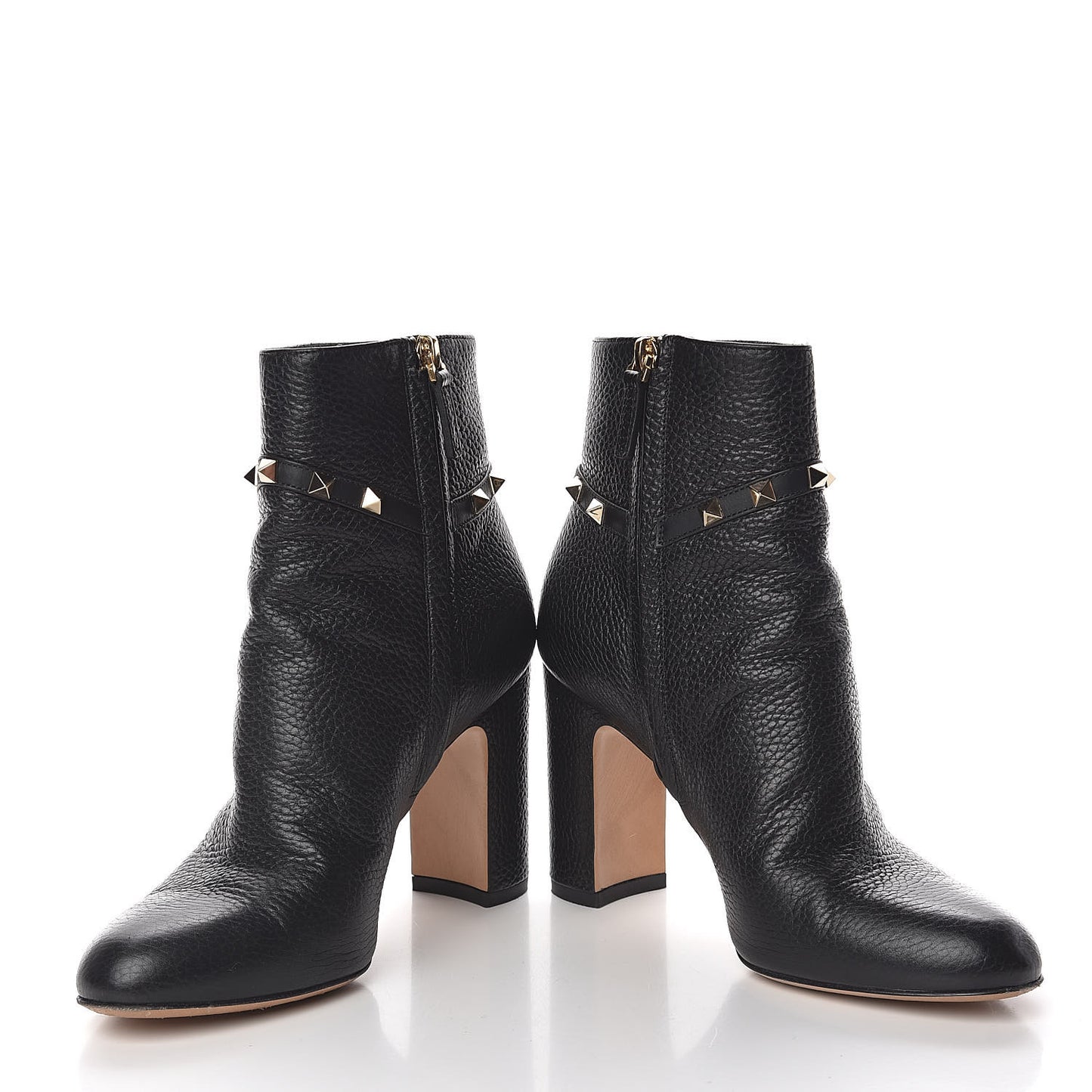 Pebbled Calfskin Rockstud Single Buckle 90mm Block Heel Ankle Boots 38 Black