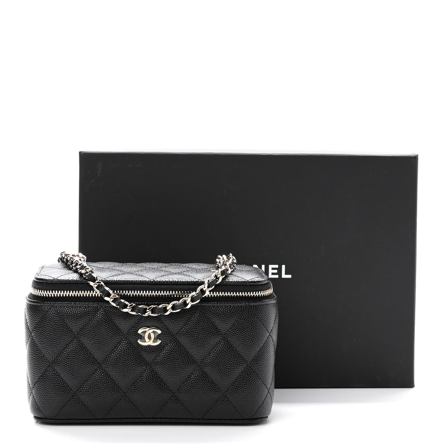 Caviar Quilted Small Vanity Case With Chain Black
