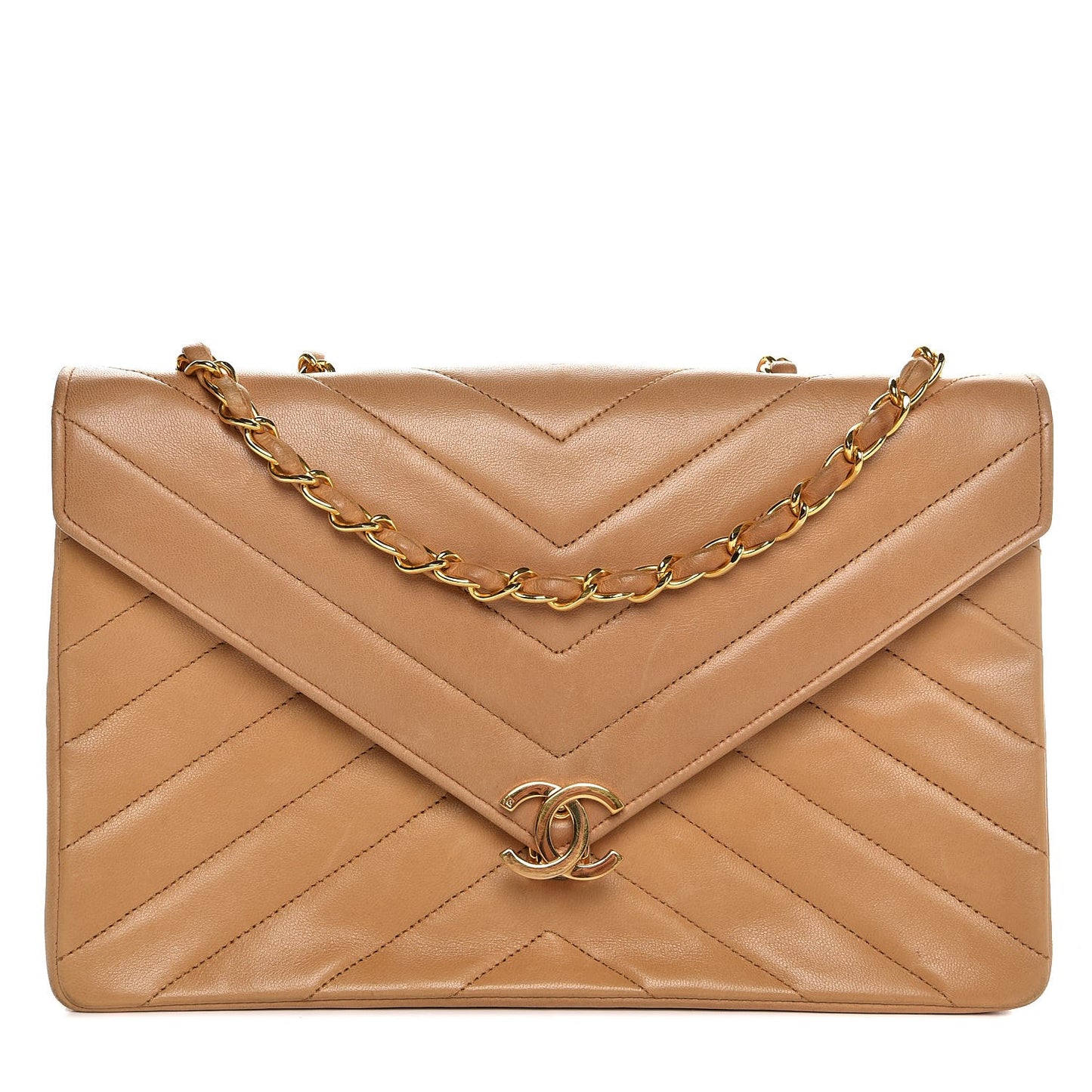 Lambskin Chevron Quilted Medium Single Flap Beige