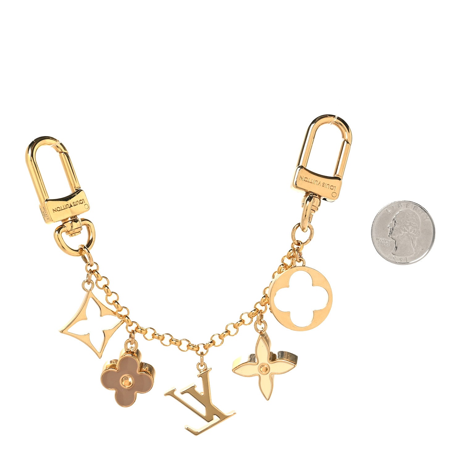 Louis Vuitton Brass Enamel Fleur De Monogram Bag Charm Chain Gold 2 of 4