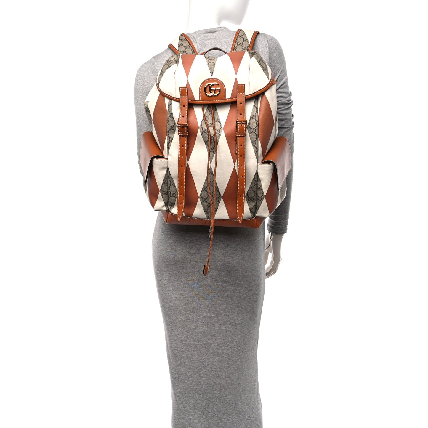 GG Supreme Monogram Calfskin Rhombus Print Medium Ophidia Double Buckle Backpack Beige Ebony Mystic White Hazel Brown