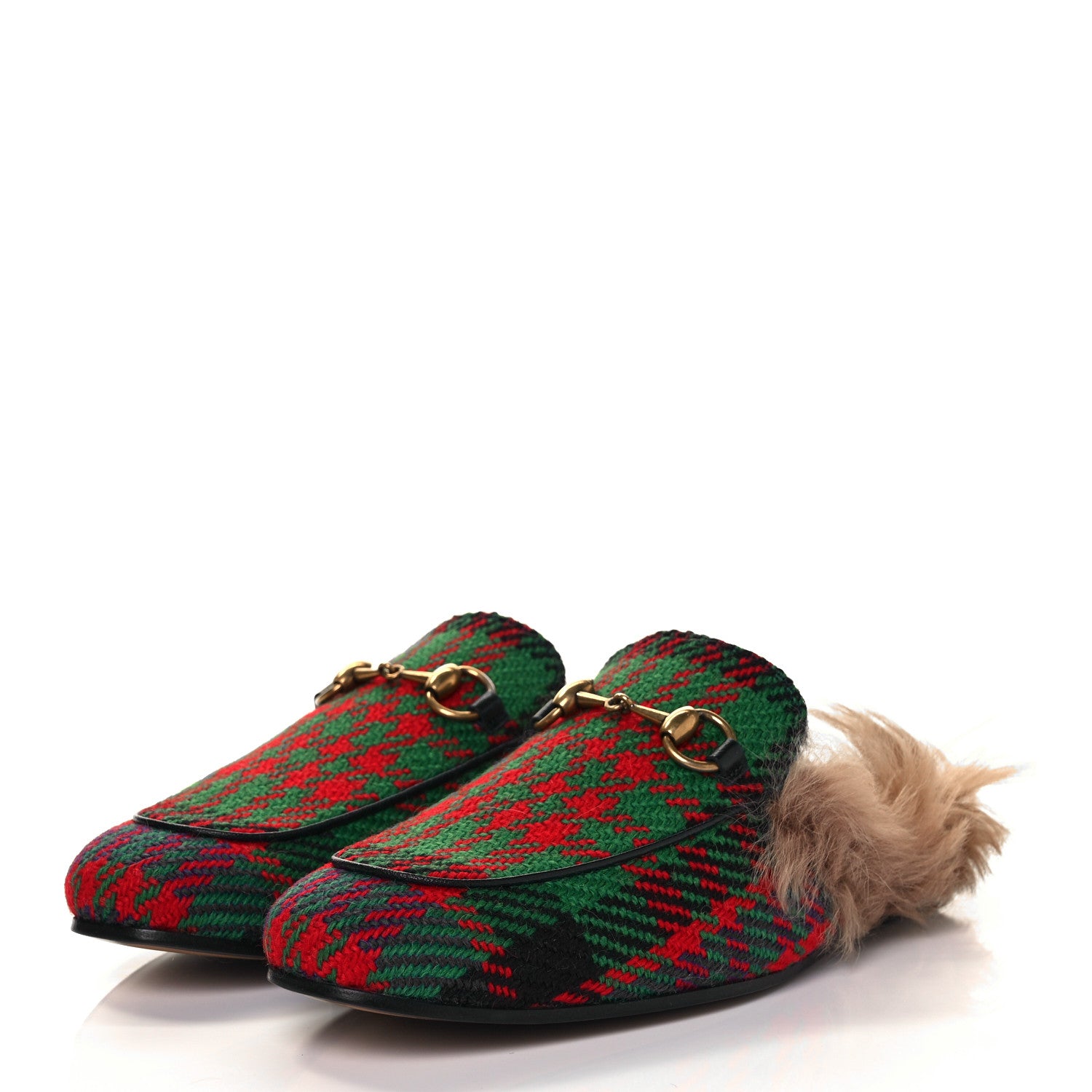 Gucci Tweed Fur Prince Wales Plaid Mens Princetown Slippers 8 Green Blue Red Natural 3 of 8