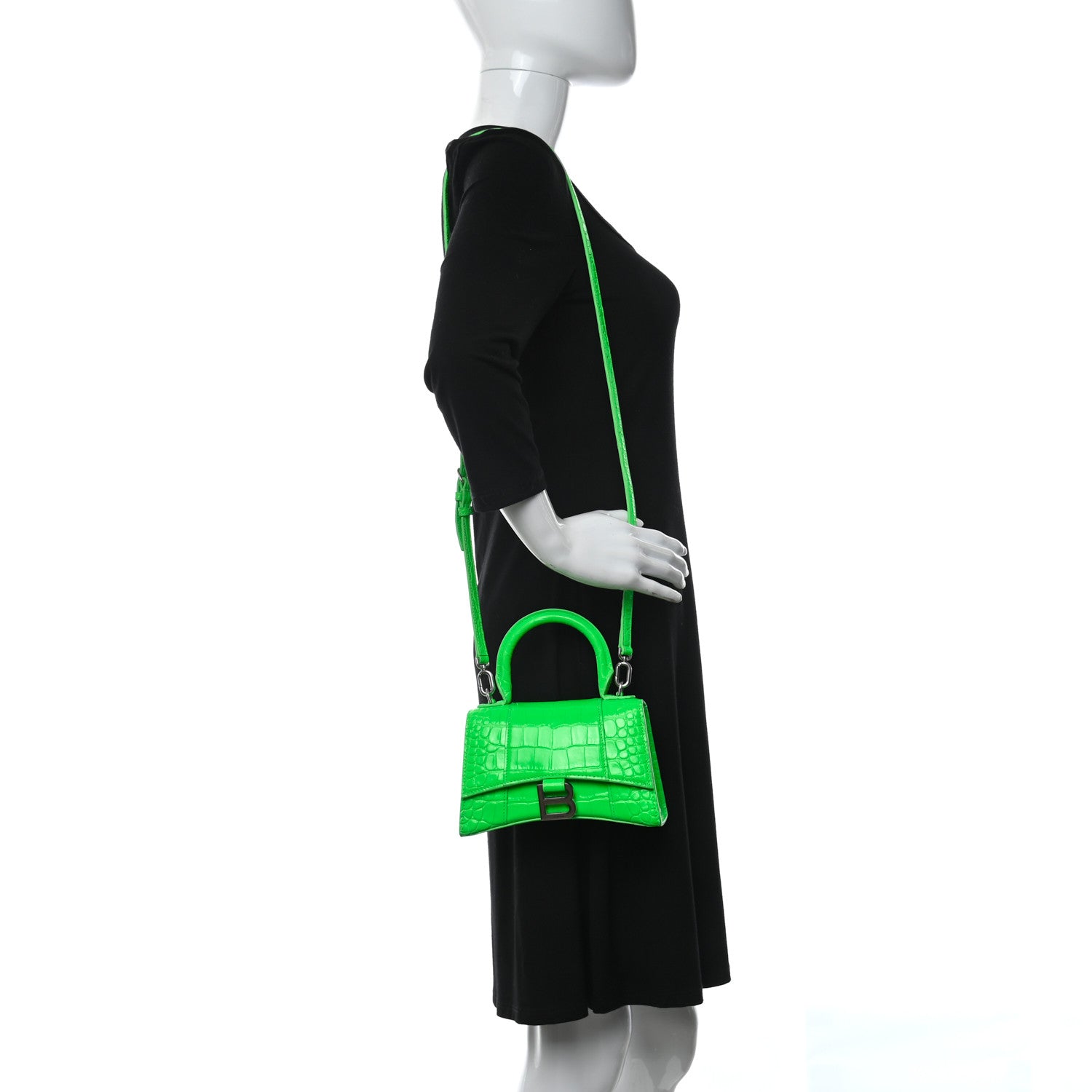 Balenciaga Shiny Calfskin Crocodile Embossed Hourglass Top Handle Bag XS Fluo Green 2 of 13
