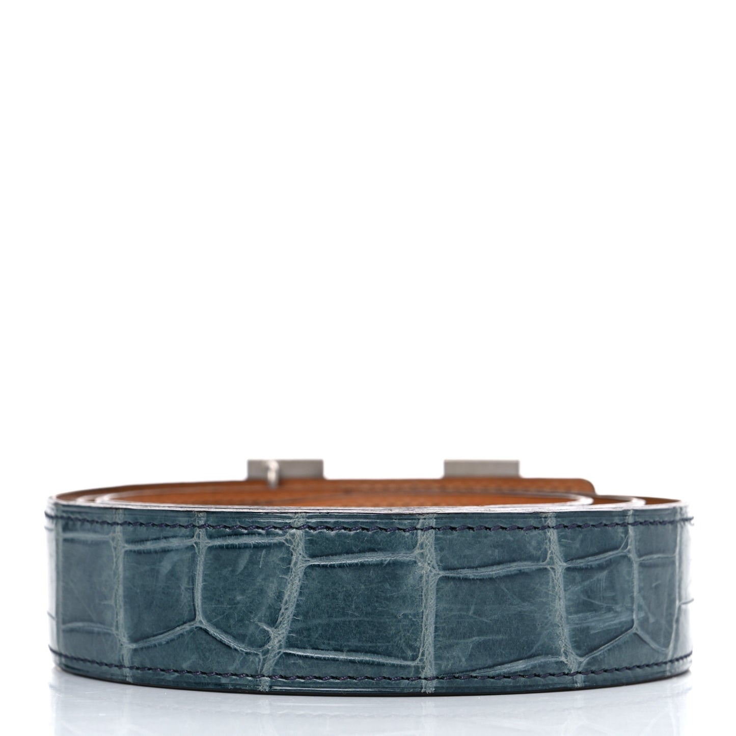 Shiny Porosus Crocodile 32mm H Belt 95 Bleu Tempete