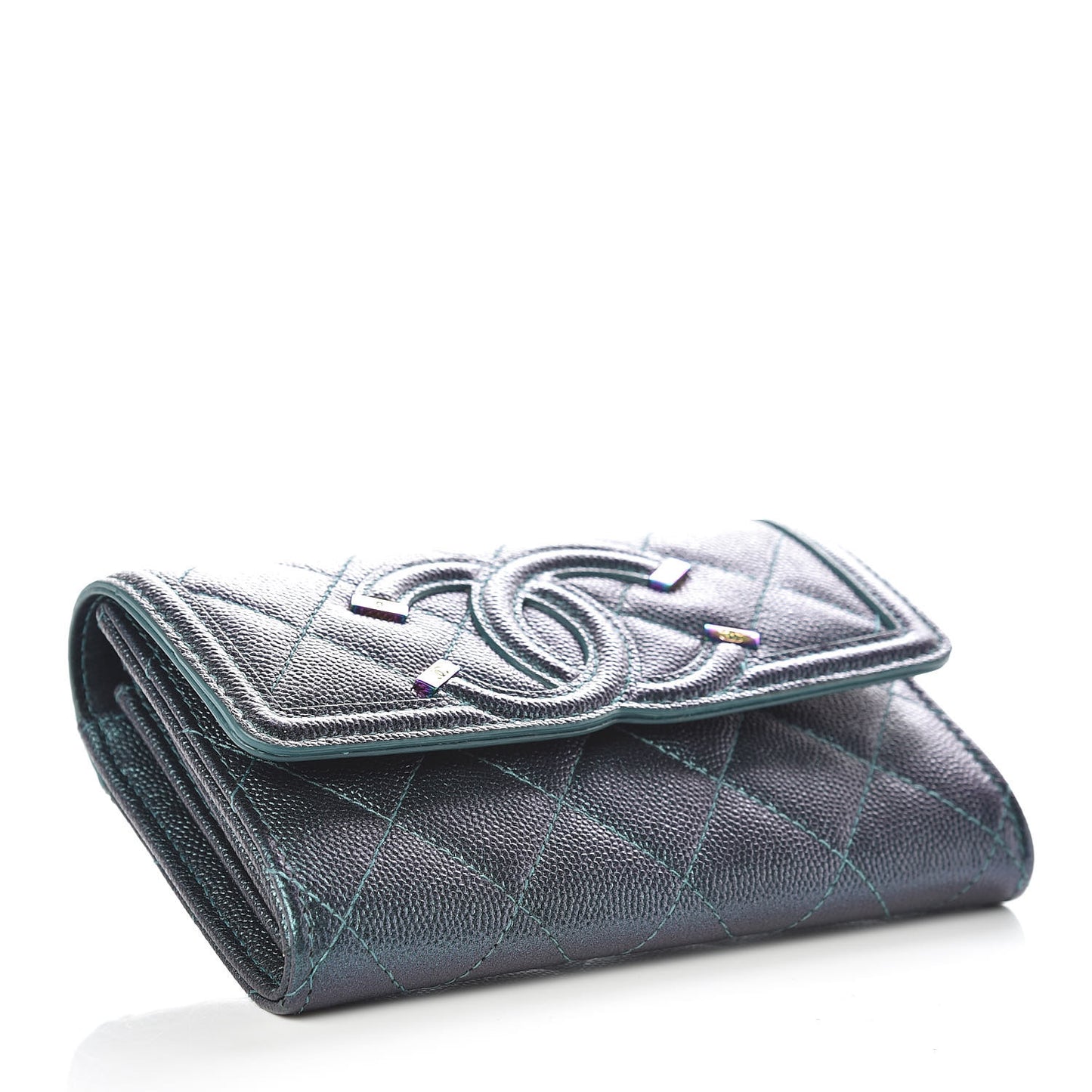 Iridescent Caviar Quilted Medium Filigree Flap Wallet Dark Turquoise