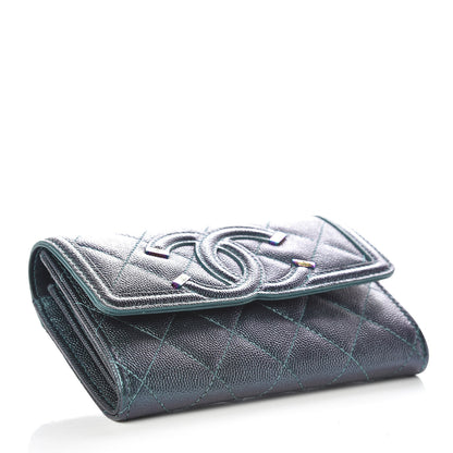 Chanel Iridescent Caviar Quilted Medium Filigree Flap Wallet Dark Turquoise 4 of 19
