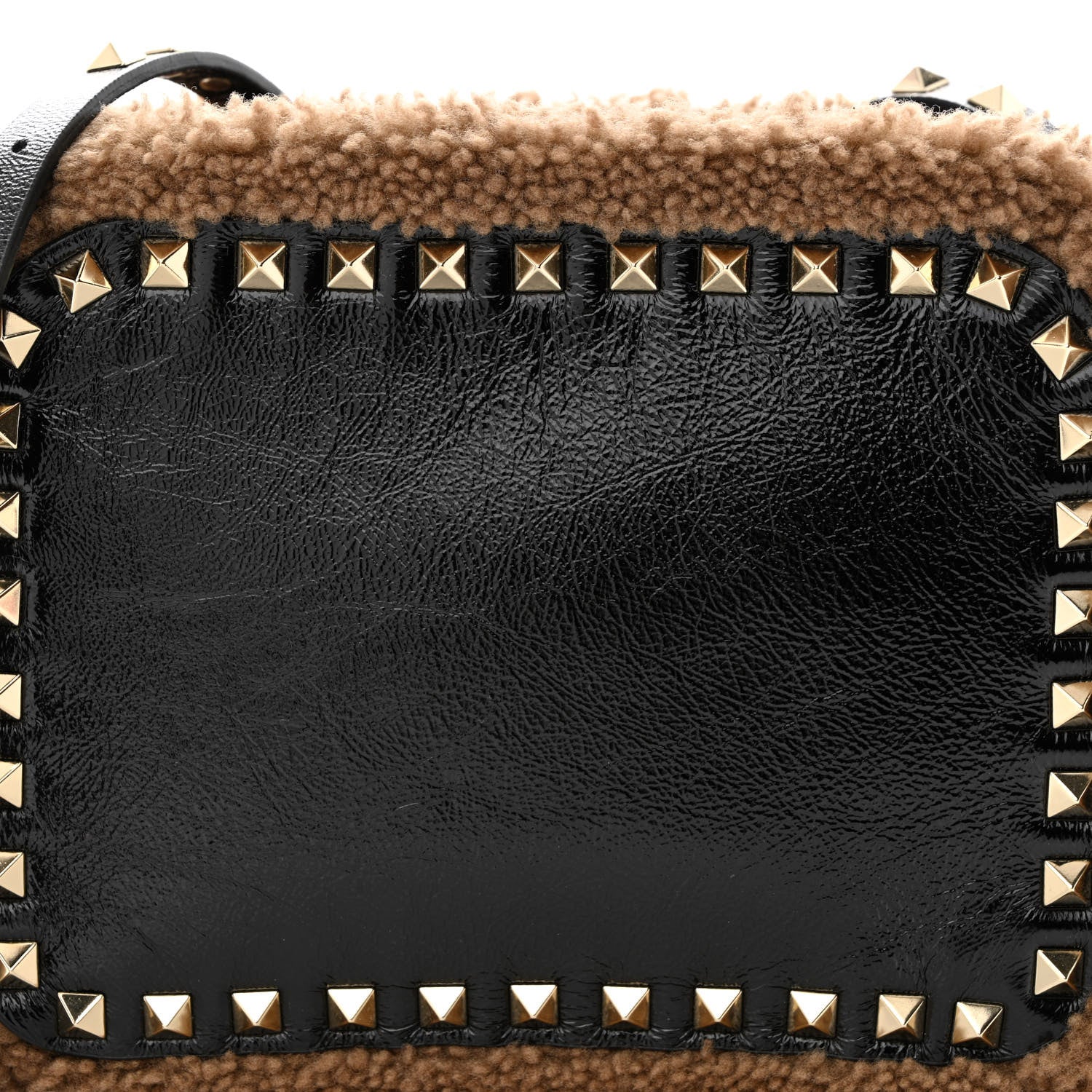 Valentino Garavani Textured Patent Calfskin Shearling Small Rockstud Camera Crossbody Bag Black 7 of 9
