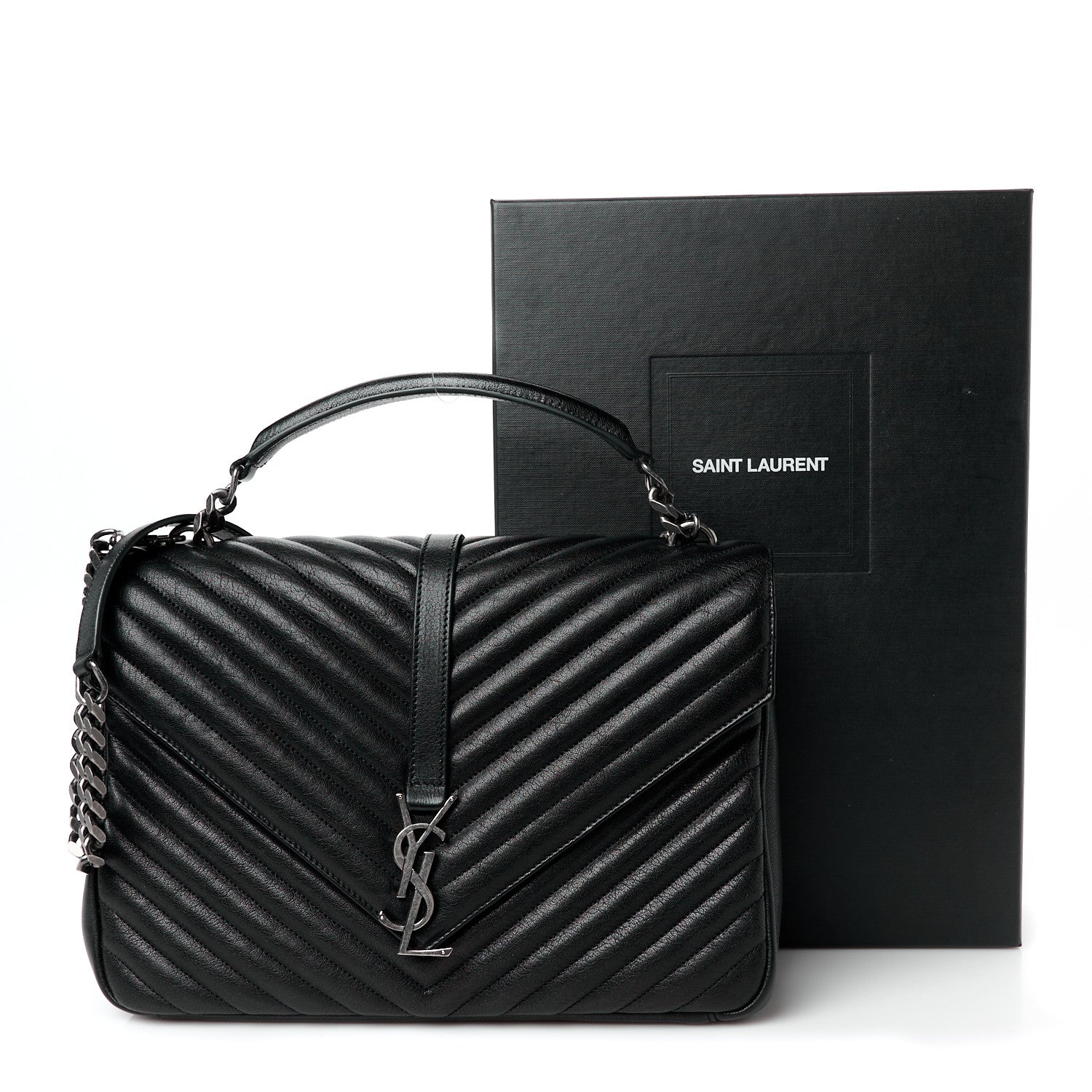 Saint Laurent Sheepskin Matelasse Chevron Monogram Large College Satchel Black 13 of 13