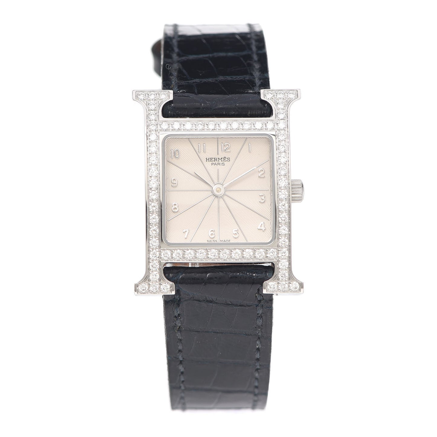 Stainless Steel Alligator Diamond Bezel Mother of Pearl 21mm Heure H Hour Quartz Watch Noir