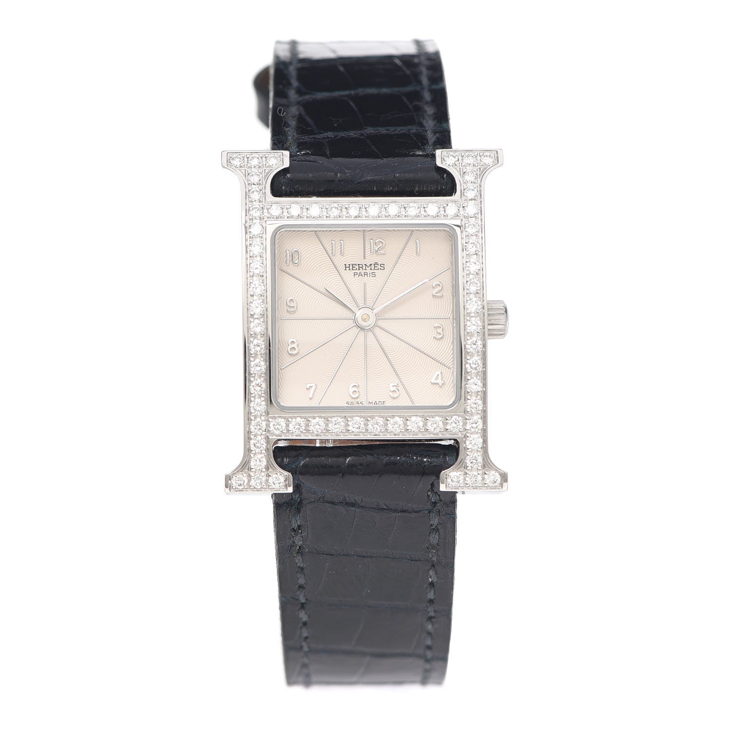 Hermes Stainless Steel Alligator Diamond Bezel Mother of Pearl 21mm Heure H Hour Quartz Watch Noir 1 of 4