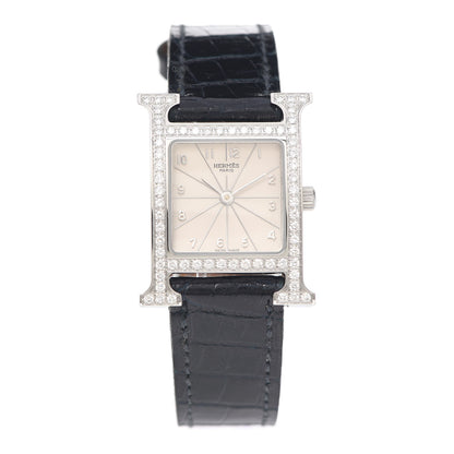 Hermes Stainless Steel Alligator Diamond Bezel Mother of Pearl 21mm Heure H Hour Quartz Watch Noir 1 of 4