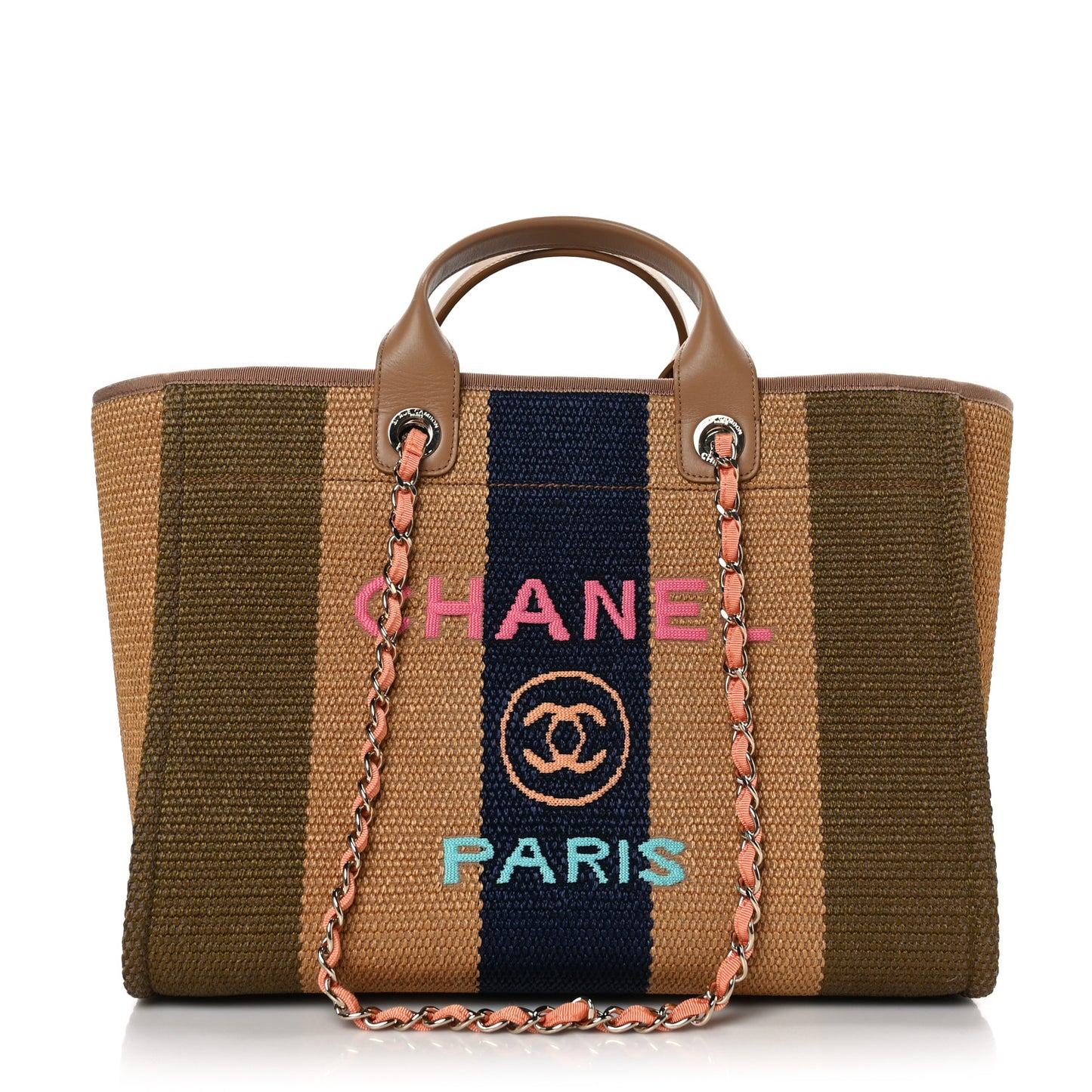 Straw Raffia Calfskin Striped Medium Deauville Tote Khaki Beige Navy Blue