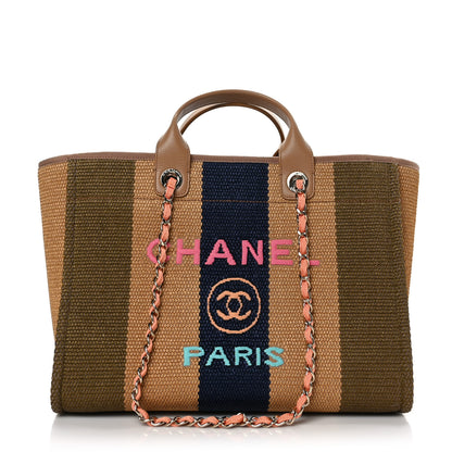 Chanel Straw Raffia Calfskin Striped Medium Deauville Tote Khaki Beige Navy Blue 1 of 9