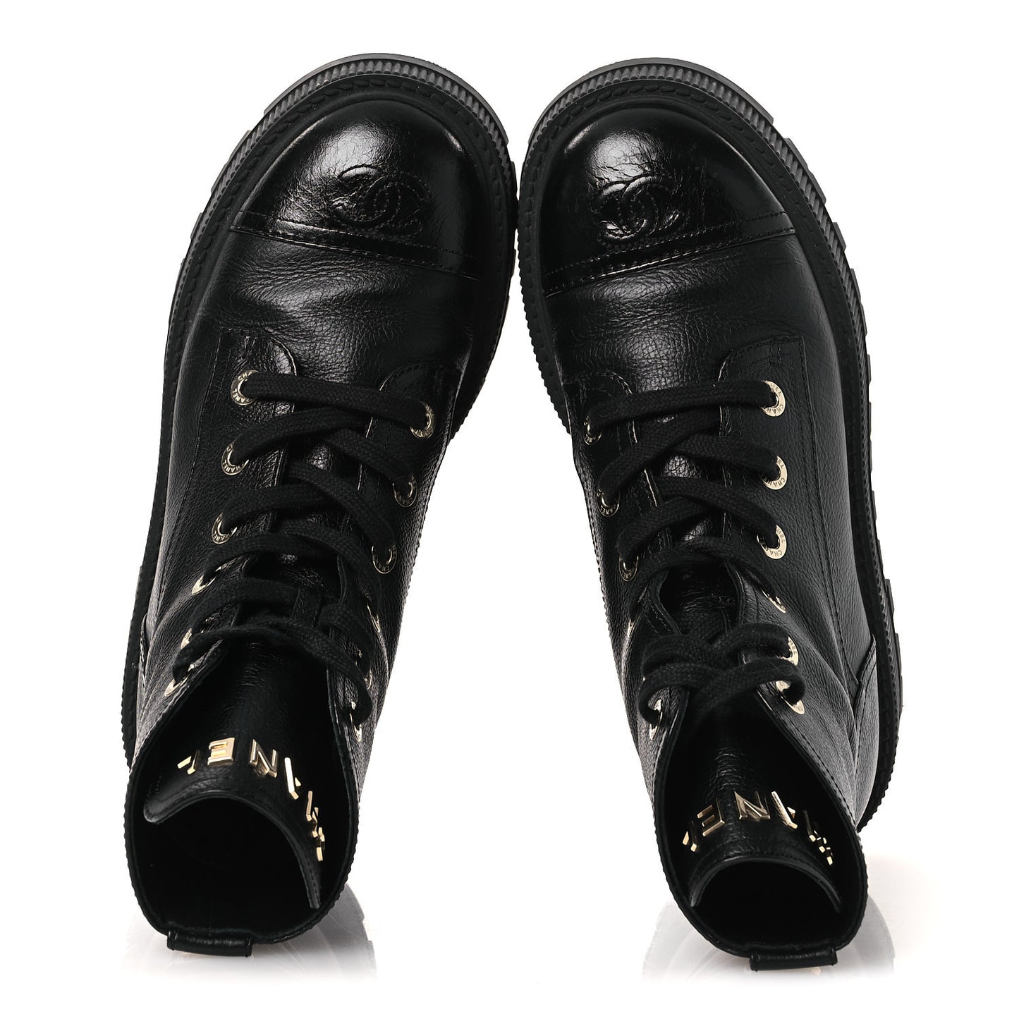 Grained Calfskin Shiny Calfskin CC Lace Up Combat Boots 37.5 Black