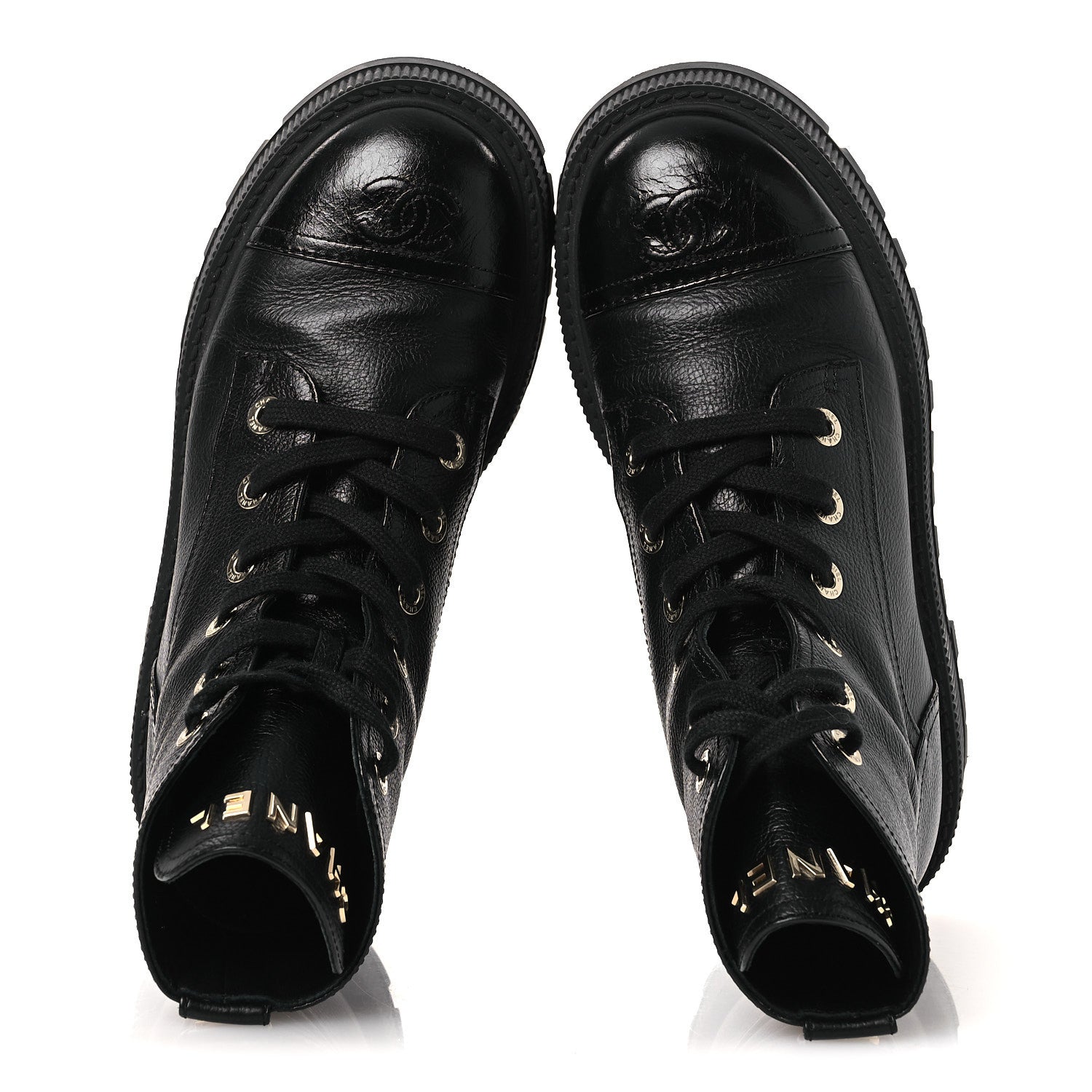 Chanel Grained Calfskin Shiny Calfskin CC Lace Up Combat Boots 37.5 Black 2 of 13