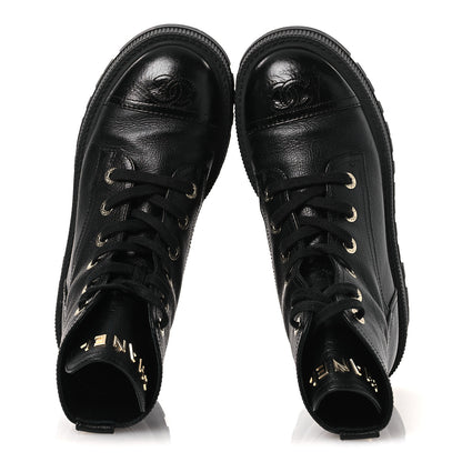 Chanel Grained Calfskin Shiny Calfskin CC Lace Up Combat Boots 37.5 Black 2 of 13