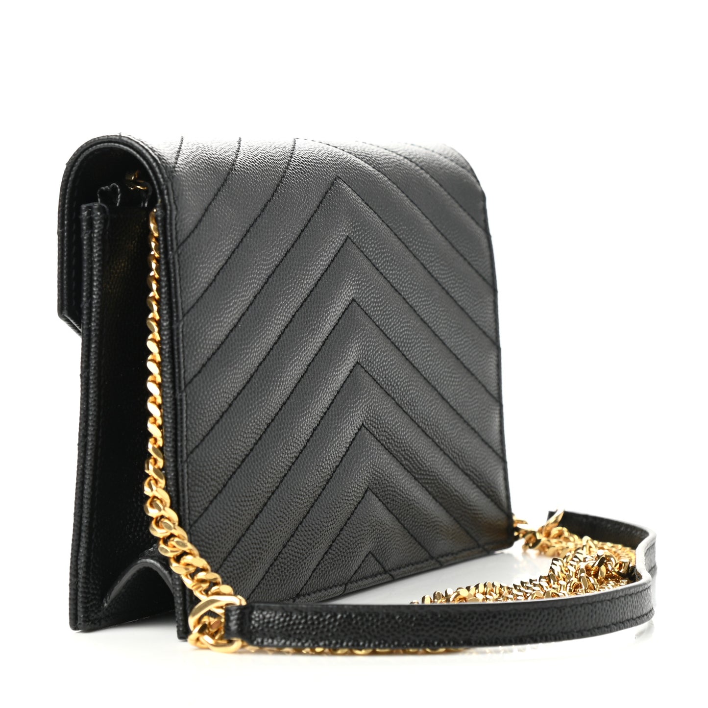 Grain De Poudre Matelasse Chevron Monogram Envelope Chain Wallet Black