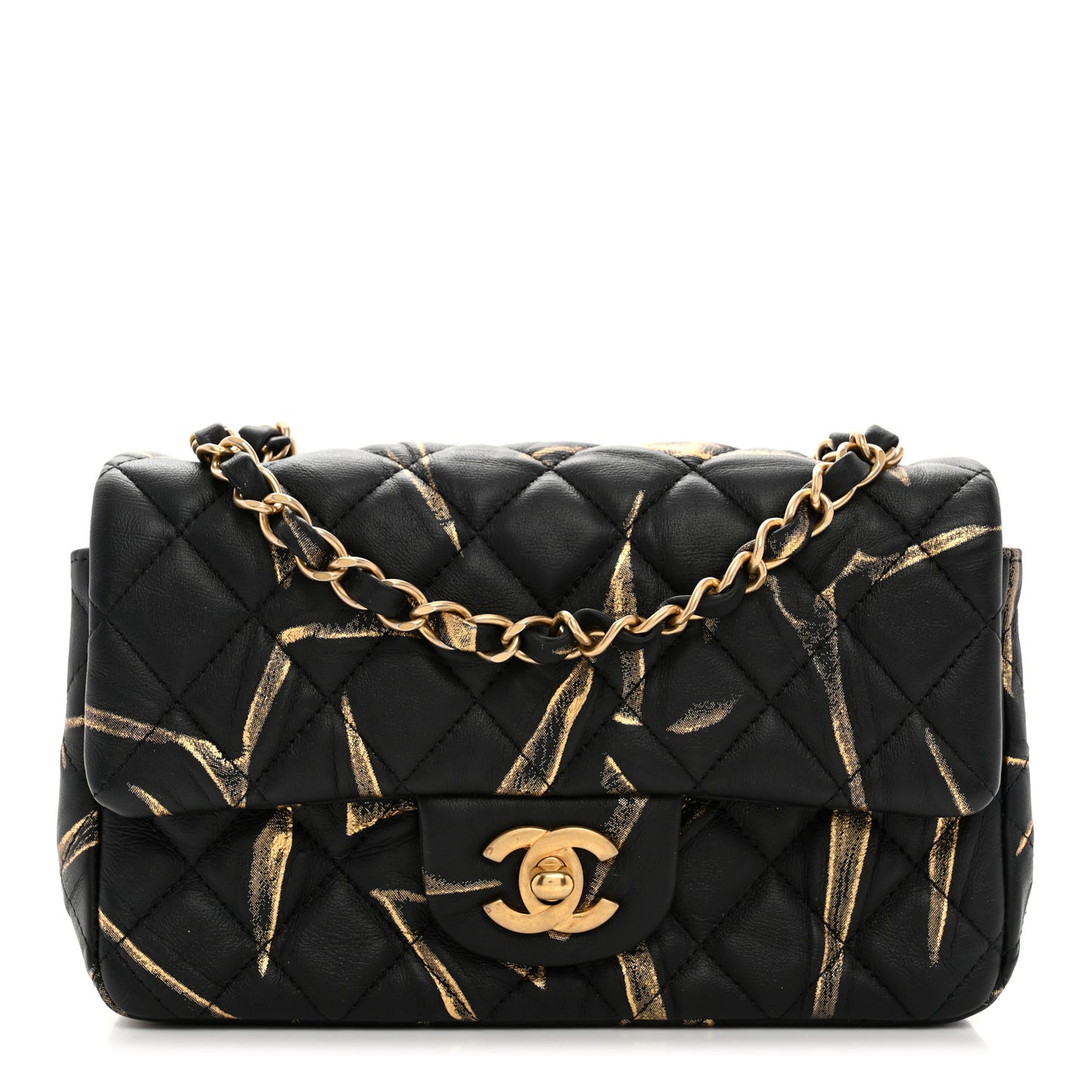Crumpled Calfskin Printed Quilted Mini Rectangular Flap Black Gold