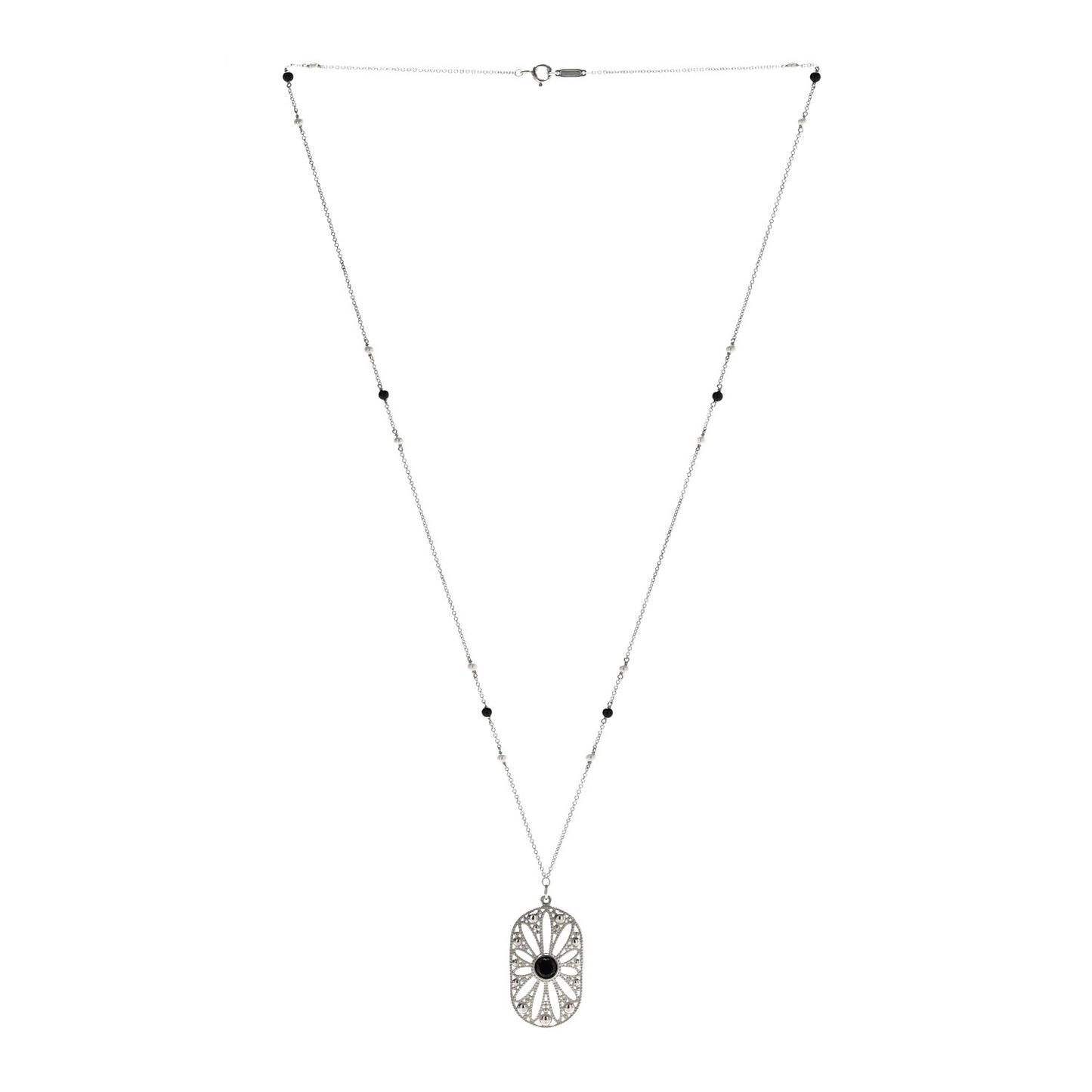 Sterling Silver Black Onyx Pearl Ziegfeld Daisy Pendant Necklace