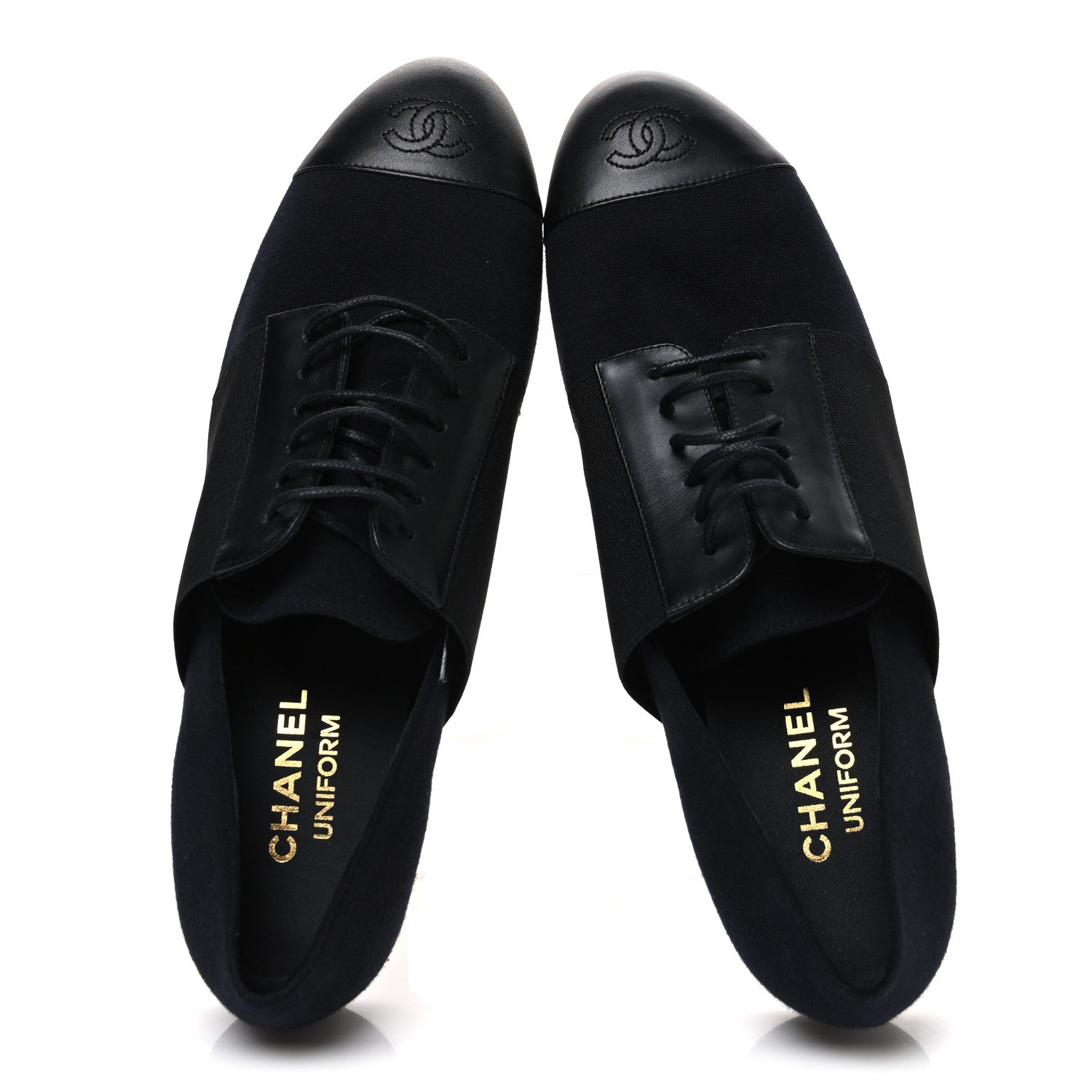 Chanel Calfskin Elastic Lace Up Cap Toe CC Loafers 40.5 Black Navy 2 of 10