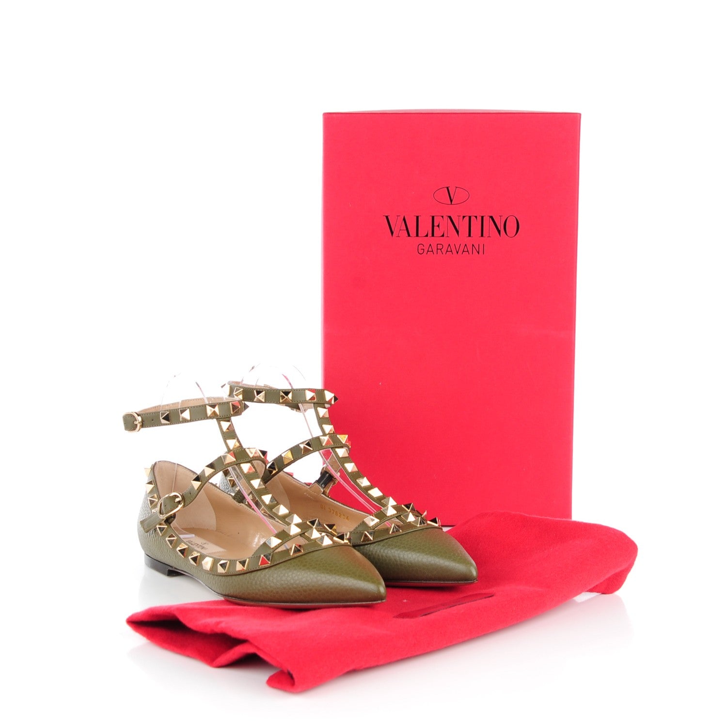 Valentino Garavani Pebbled Calfskin Rockstud Cage Ballerina Flats 36 Army Green 6 of 9